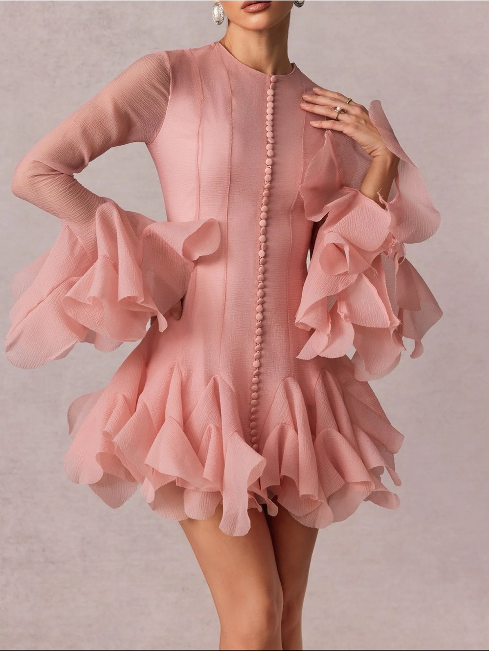 NWT Sunfere Leila Romantic Coquette Ruffle Flare Pink Ruffle Hem Mini Dress US S